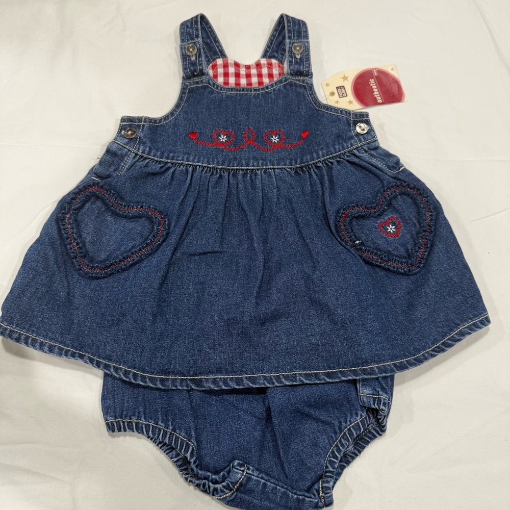 Y2K NWT Faded Glory Denim Dress with Heart Accents Matching Bloomers Size 6-9 Mo